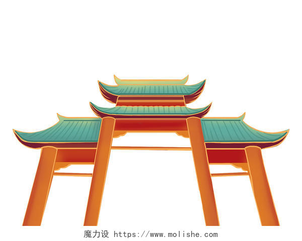 红色手绘国潮中国风古风龙门建筑元素PNG素材